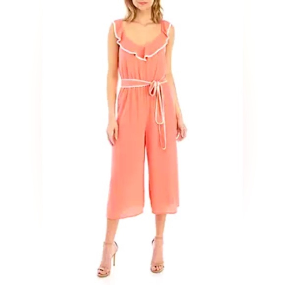 JUNE & HUDSON : Coral Jumpsuit NWT Small Ruffle Neck Tie Waist Cropped
